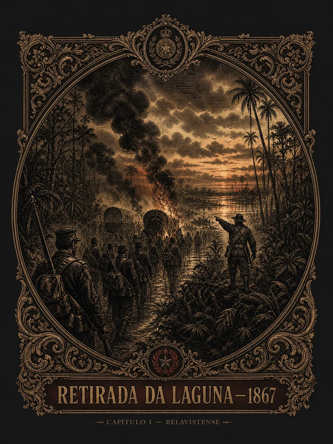 Gravura: Retirada da Laguna, 1867 — coluna em marcha entre carretas em chamas no pantanal