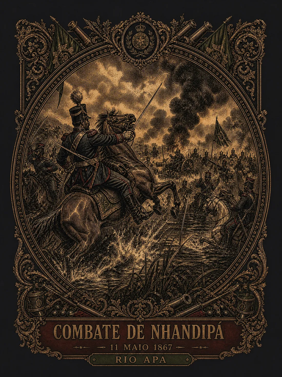 Gravura: Combate de Nhandipá, 11 de maio de 1867, cavalaria cruzando o Rio Apa