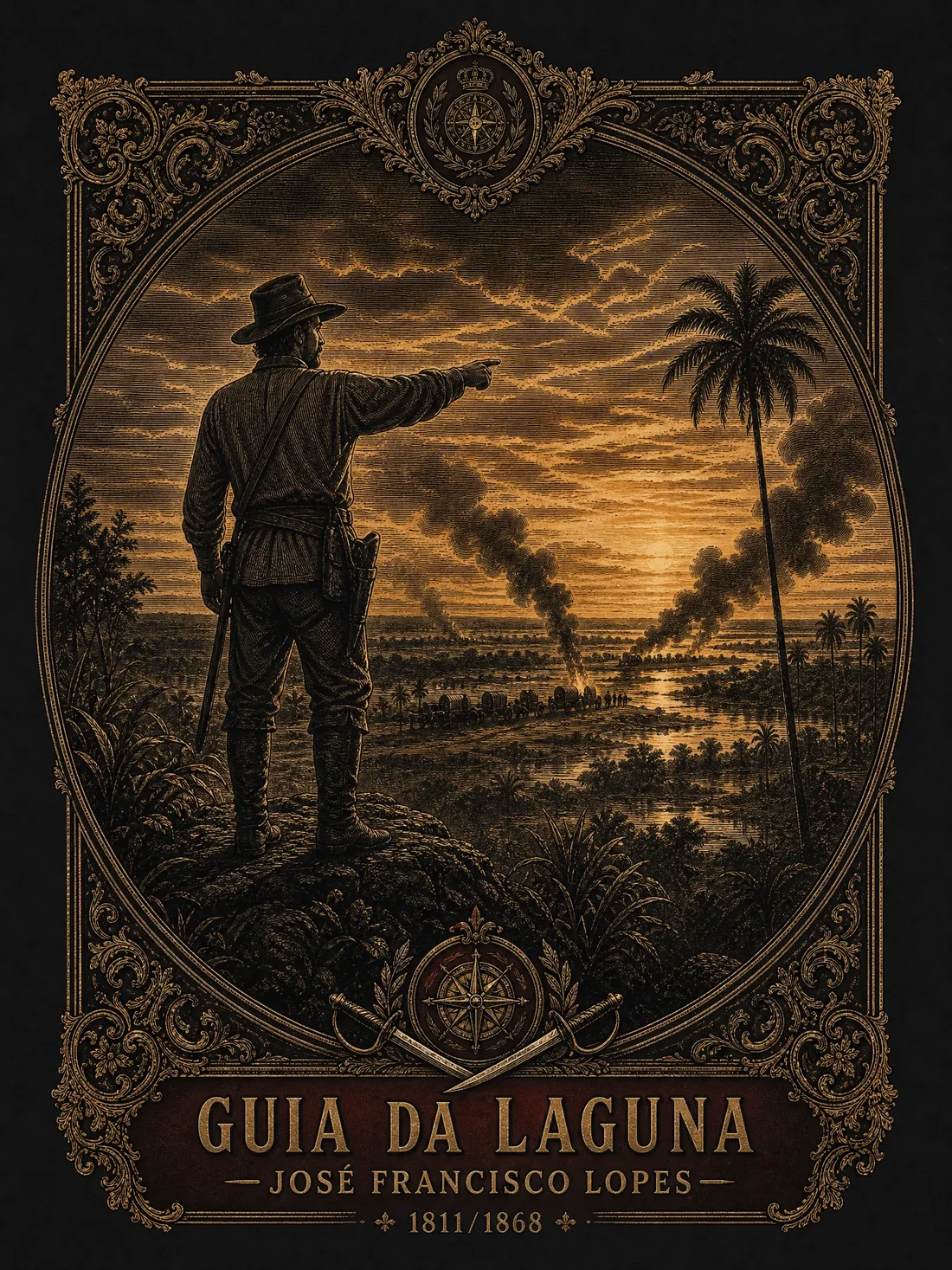 Gravura: Guia da Laguna — José Francisco Lopes apontando o caminho sobre o vale do Apa