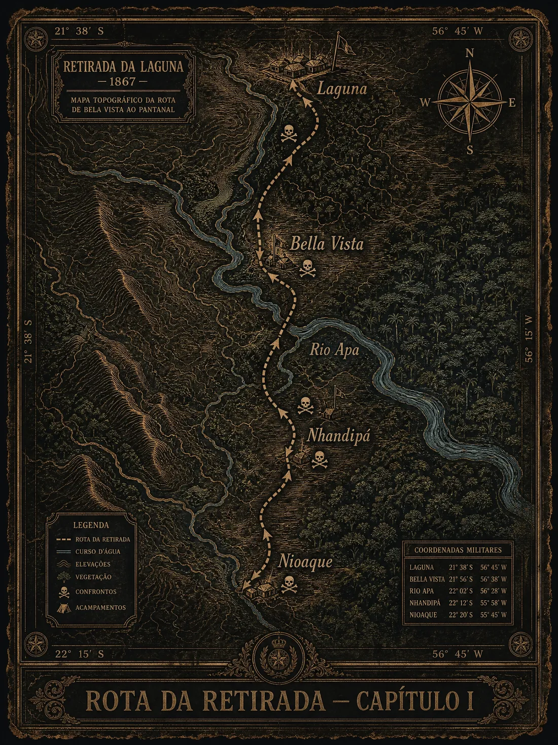 Mapa topográfico da rota da Retirada da Laguna: Nioaque, Nhandipá, Rio Apa, Bella Vista, Laguna