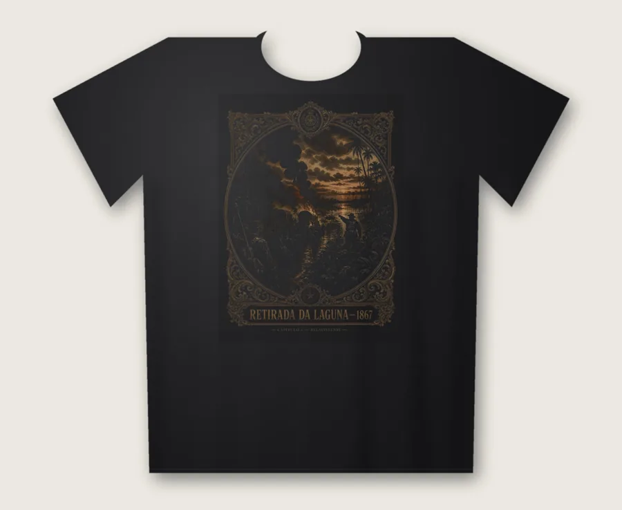 Camiseta preta BELAVISTENSE com a gravura Retirada da Laguna — 1867 no peito